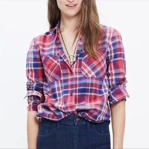 Madewell XS Ex-Boyfriend Plaid Button Front Blouse Kentwood Madras Red Shirt